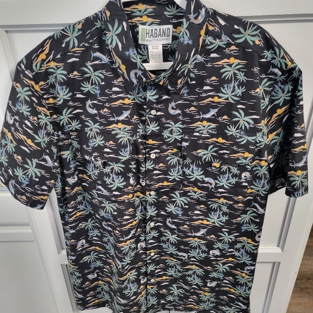 Haband Travelers Hawaiian Shirt Black Size Large Tropical Floral Island Print